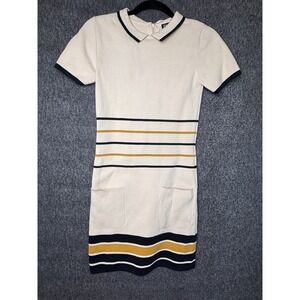 Dear Creatures Cream Striped Mod Mini Dress Peter Pan Collar Pockets XS RN125266